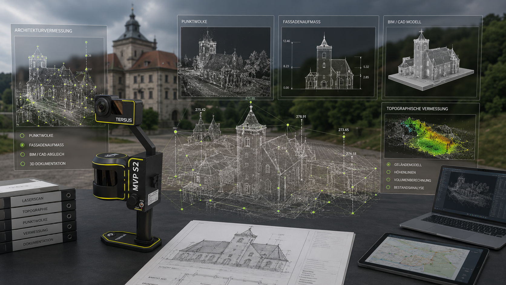 Tersus MVP S2 Scanner mit Architekturvermessung, Punktwolke, Fassadenaufmaß und BIM-Ready-CAD-Modell